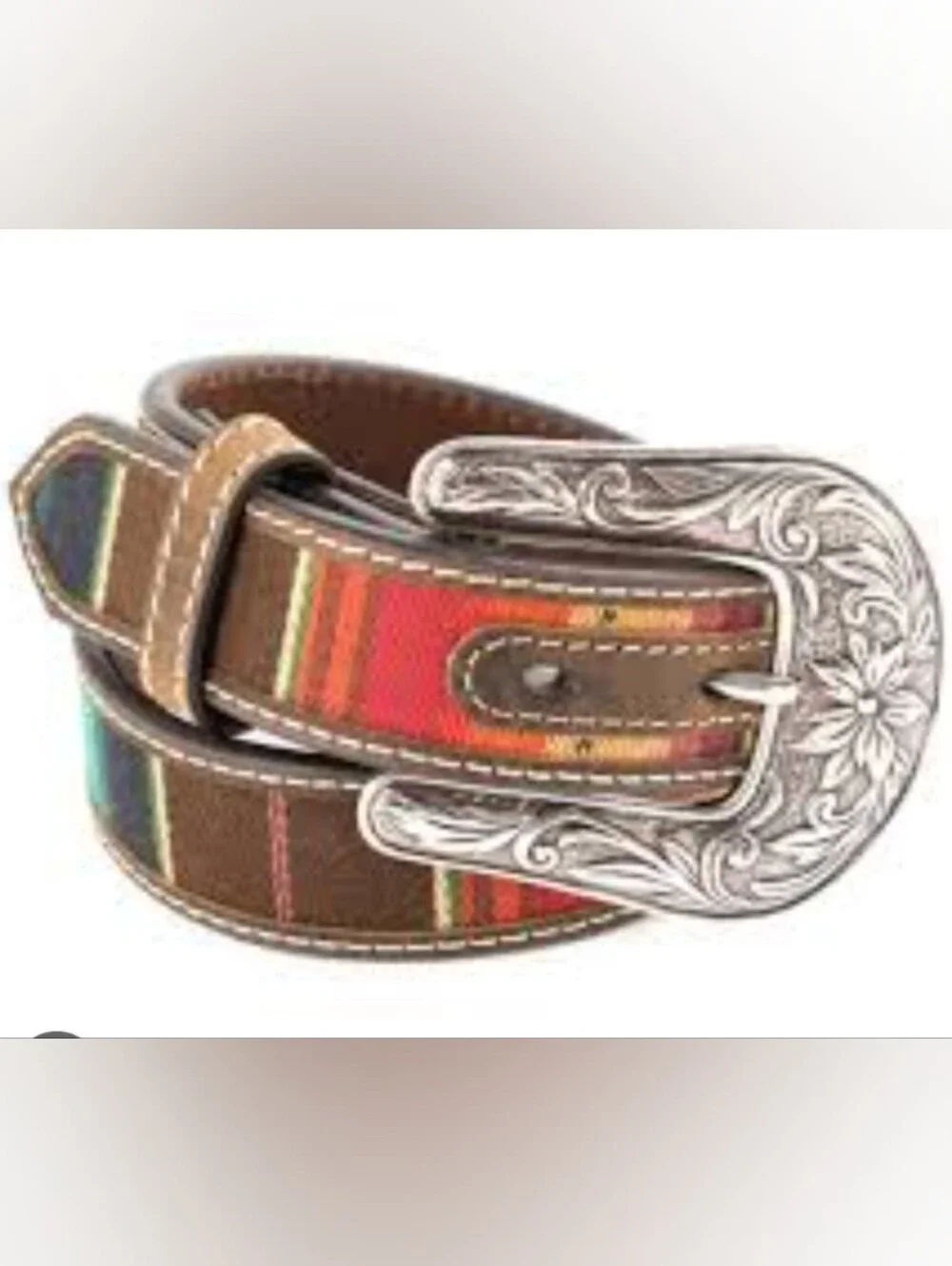 Noona Multicolor Serape Stripe Belt with Silver Floral Engraved Buckle